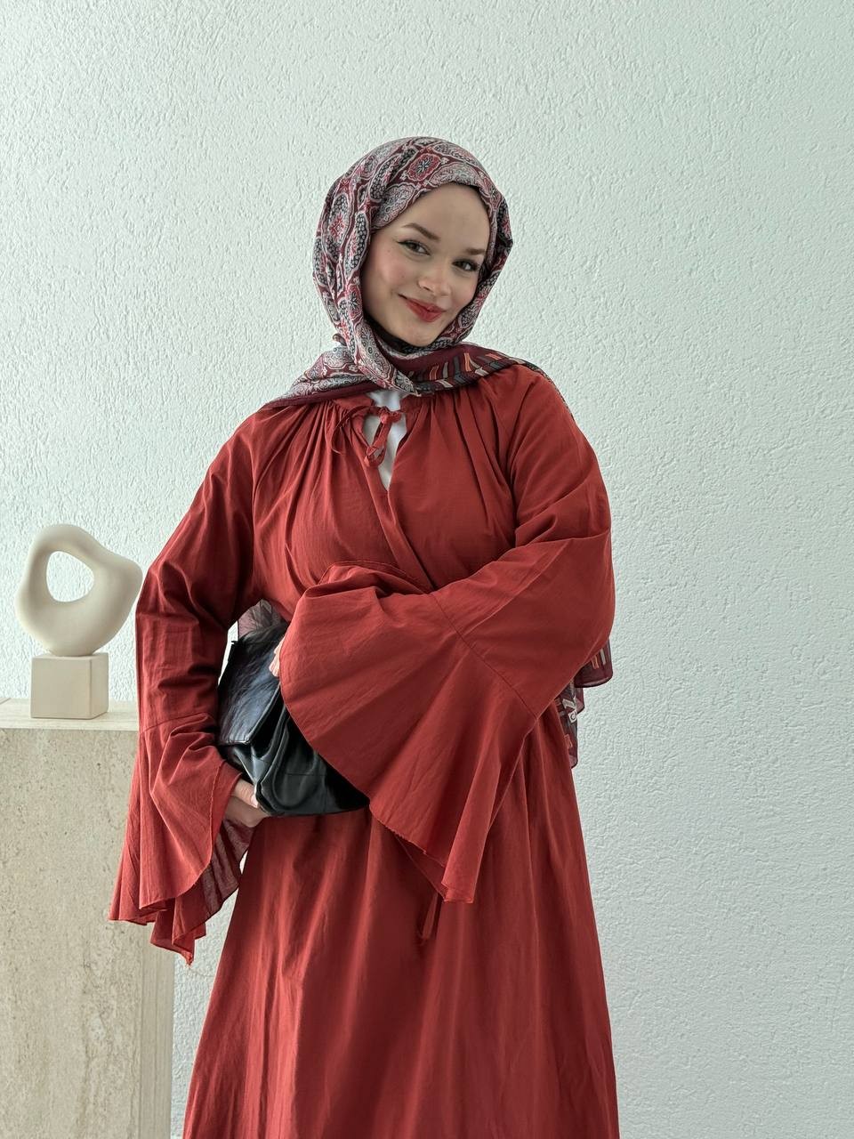 Vual Kolları Volanlı Astarlı kuşaklı Elbise  - kiremit
