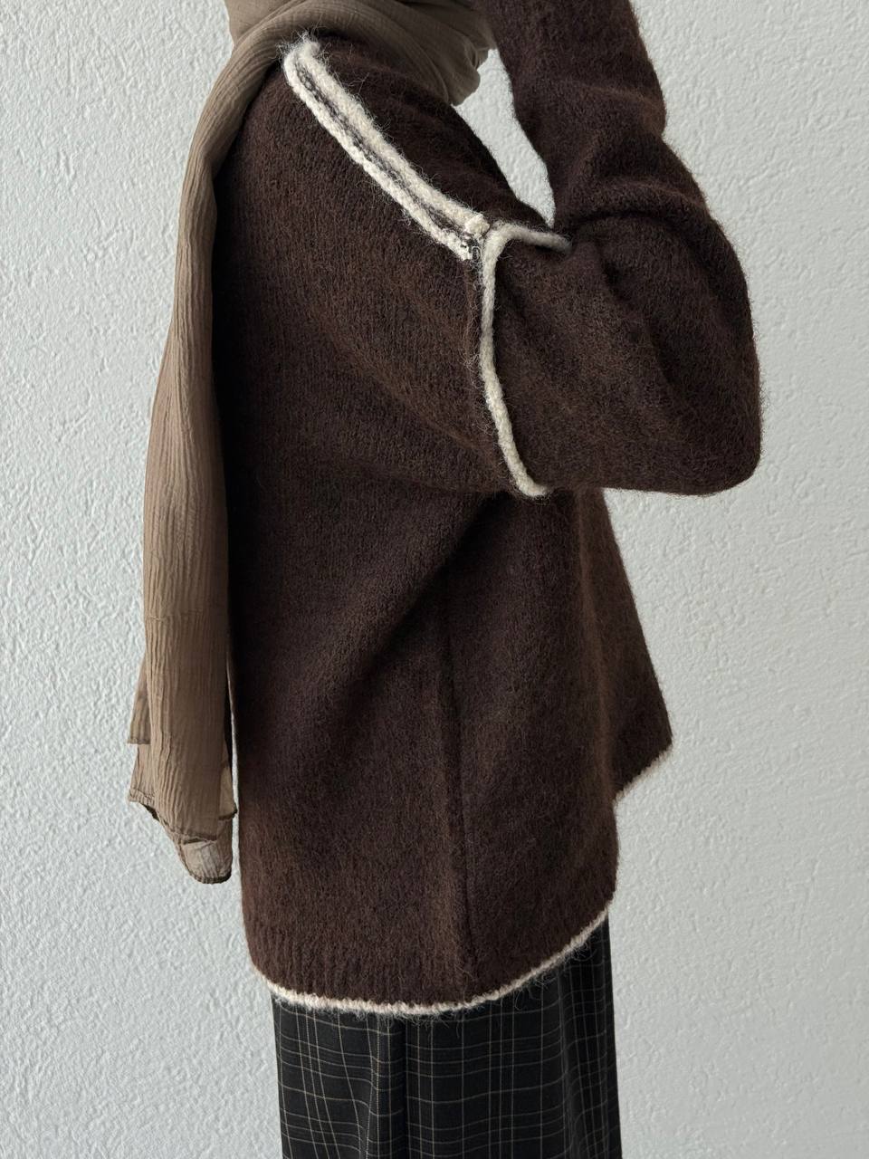 Örgü Biyeli Triko Kazak 7019 - Kahve