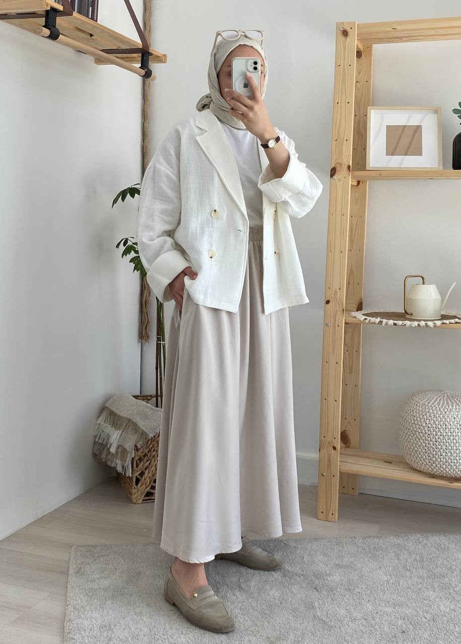Pamuk Keten Oversize Ceket - Beyaz