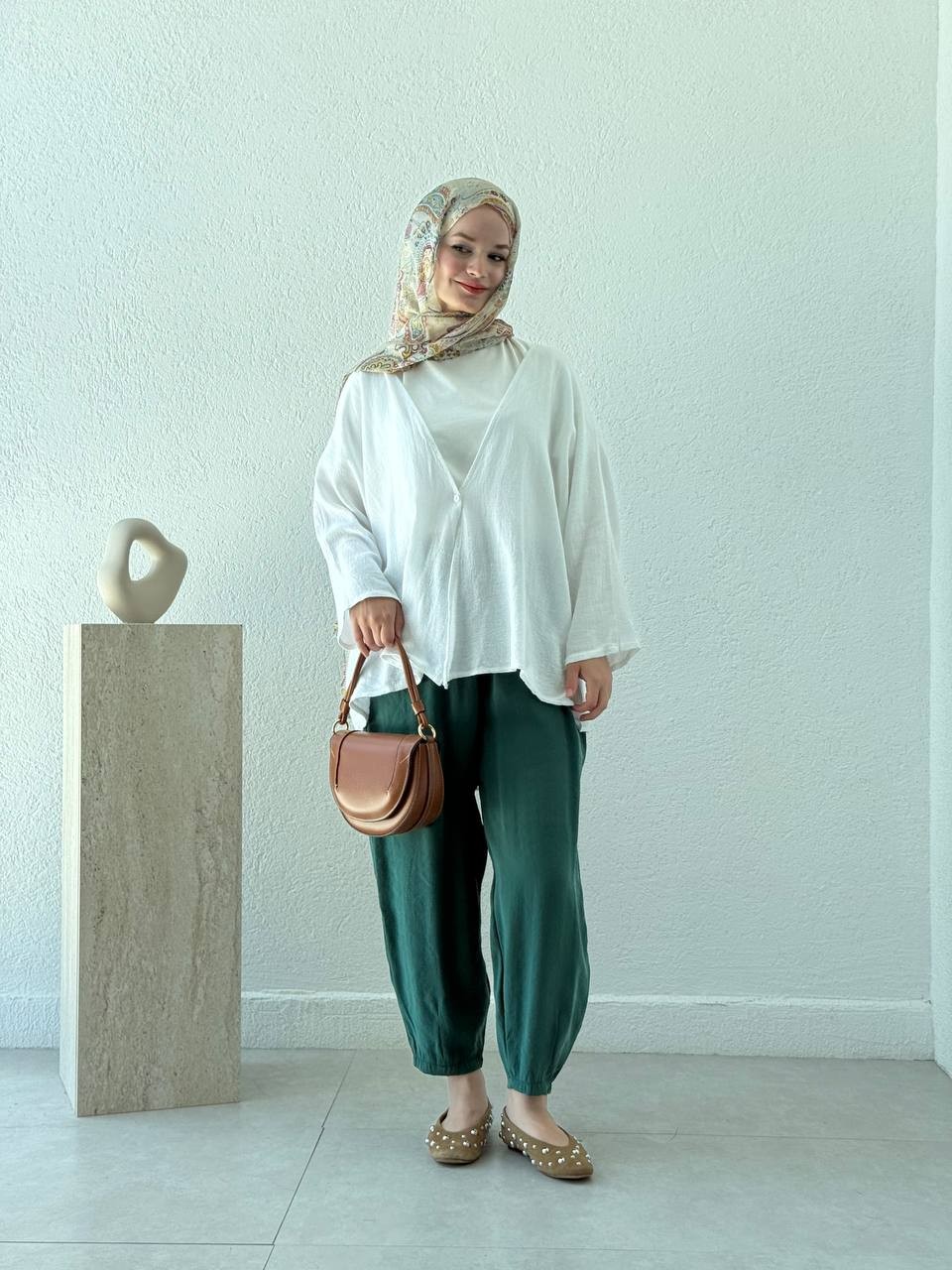 Keten Dokulu Tek Düğmeli Hırka - Kimono - Beyaz