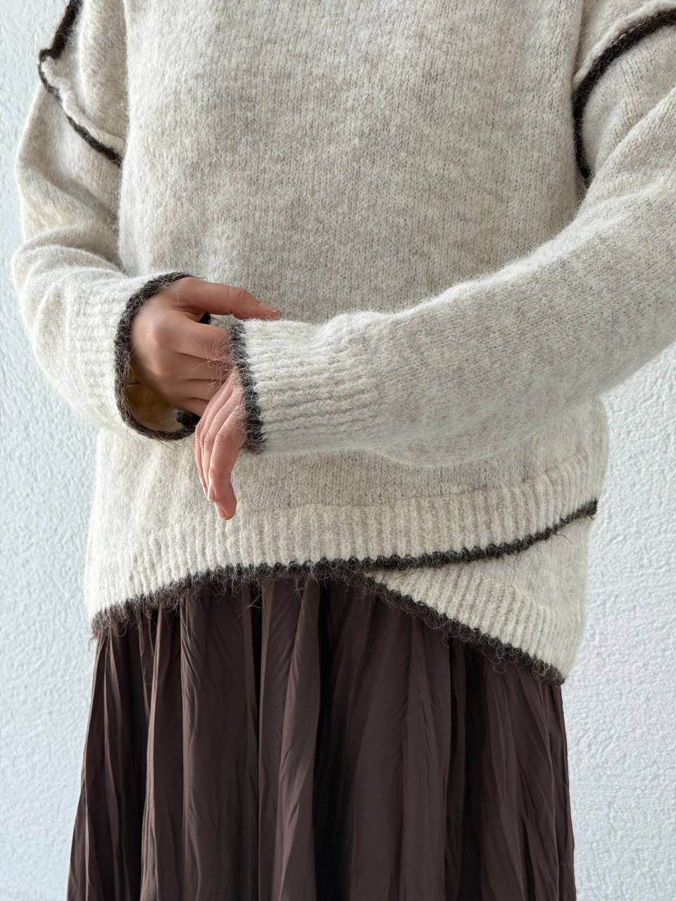 Örgü Biyeli Triko Kazak 7019 - Ekru