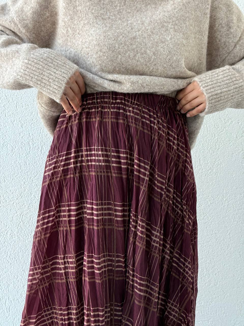 Kırışık Ekose Desen Etek  - bordo