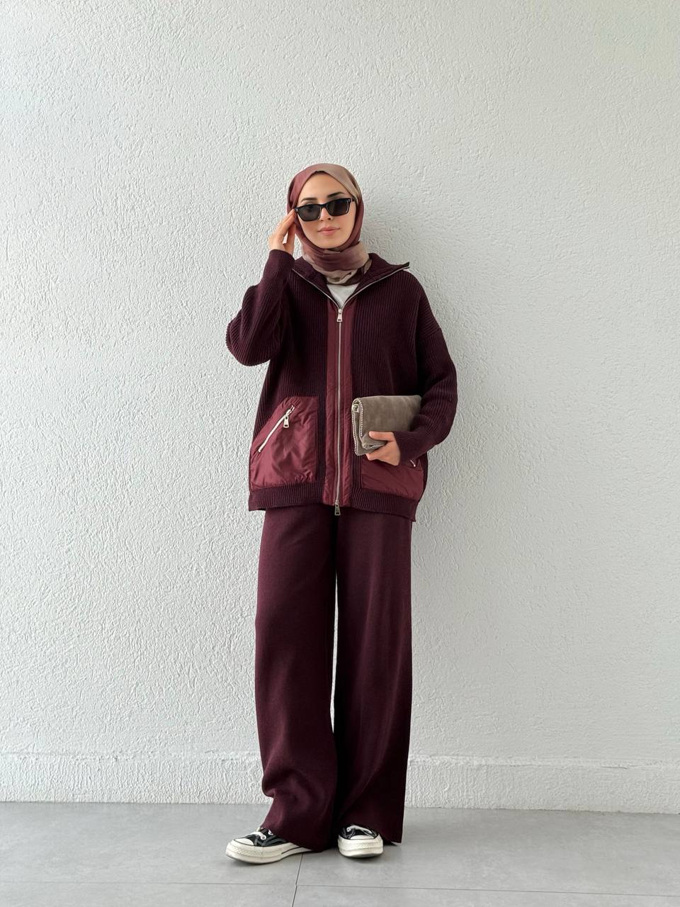 Cep Ve Bel Paraşüt Detay Triko Takım T50 - bordo