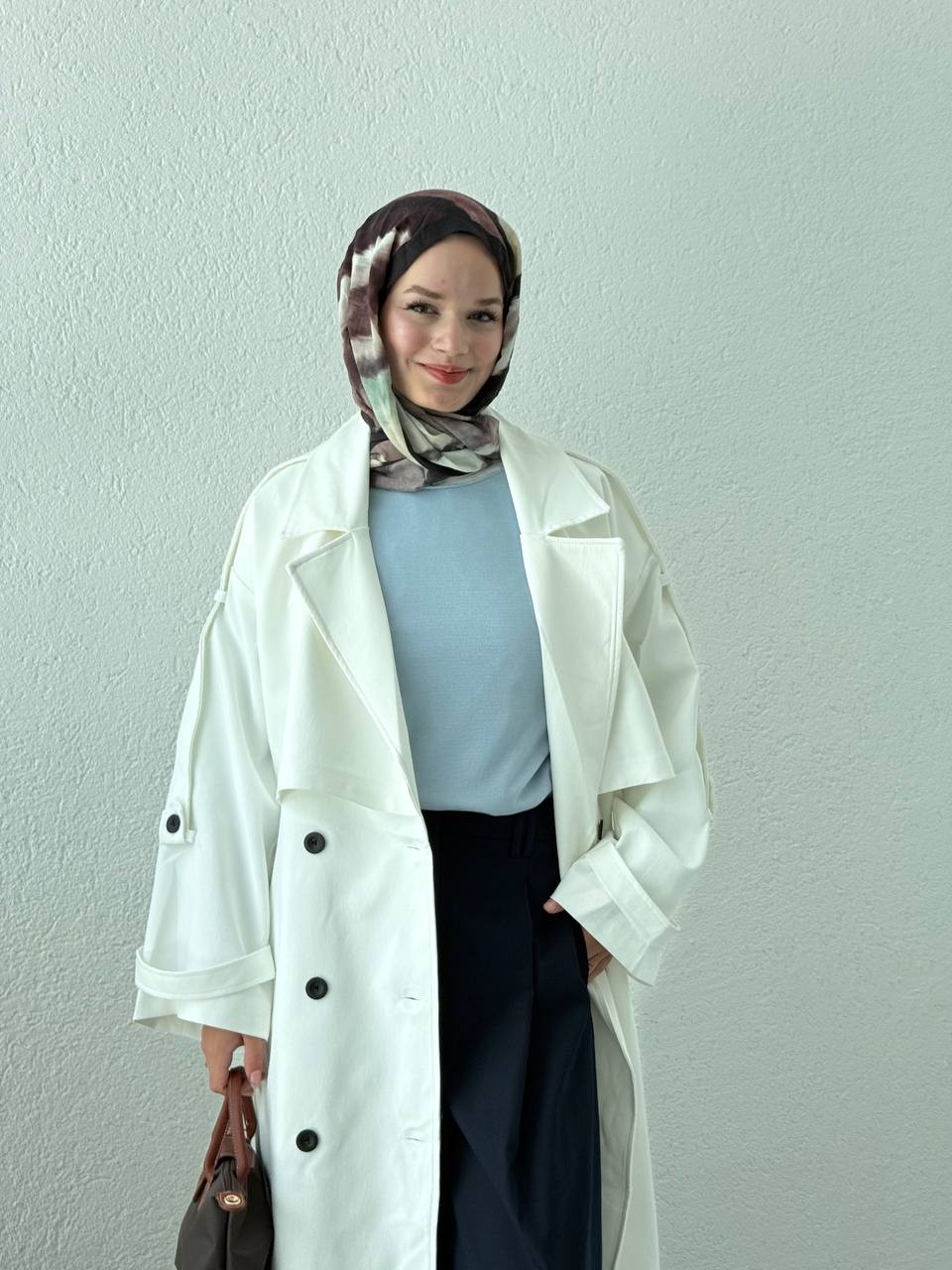 Premium Kalite Oversize Astarlı Kuşaklı Trençkot - Beyaz