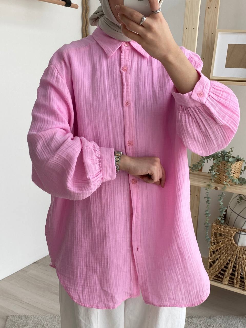 Pamuk Oversize Düşük Kol Gömlek - Açık Pembe