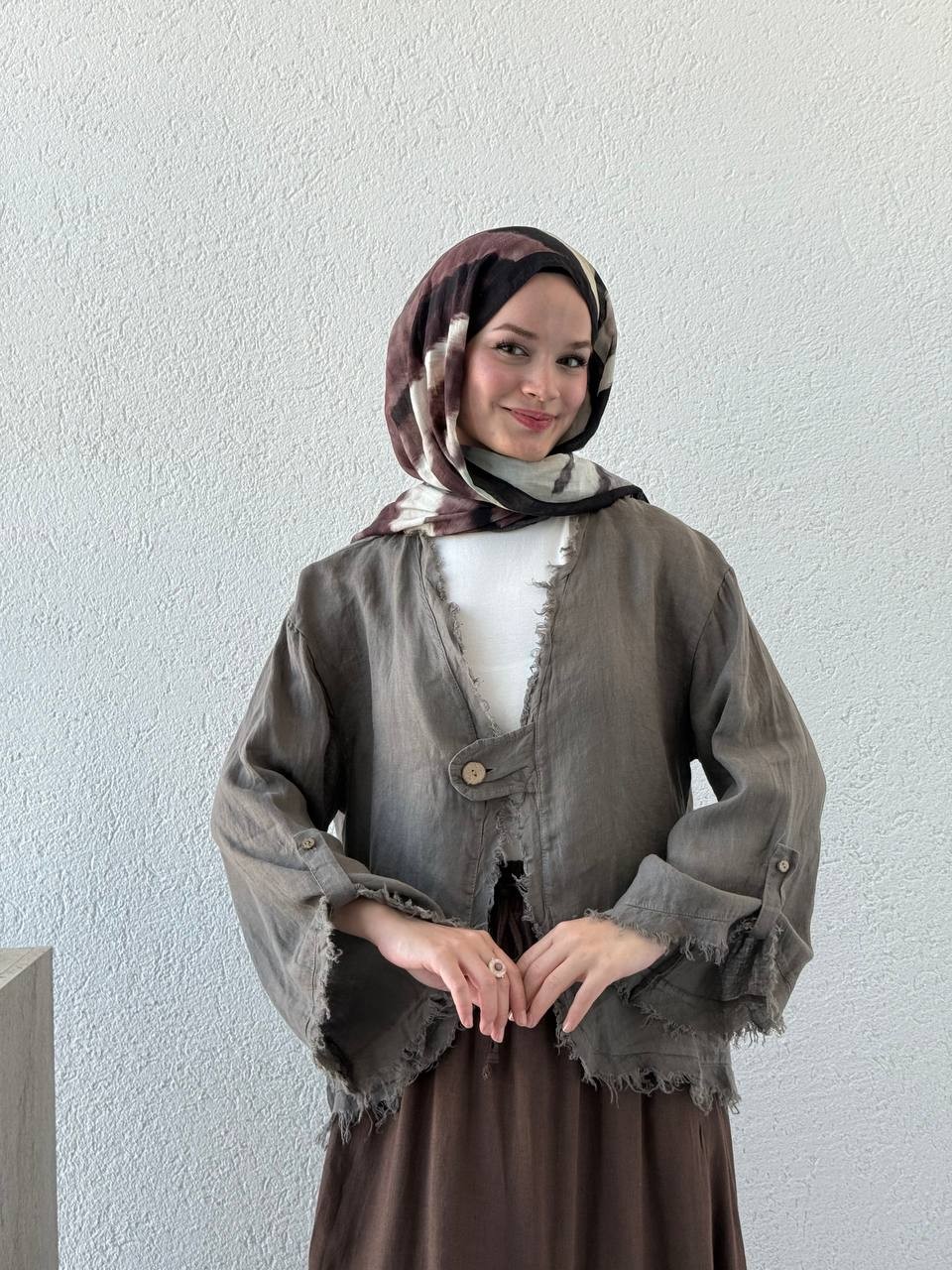 Keten Tek Düğmeli Pis Dikişili Ceket flr