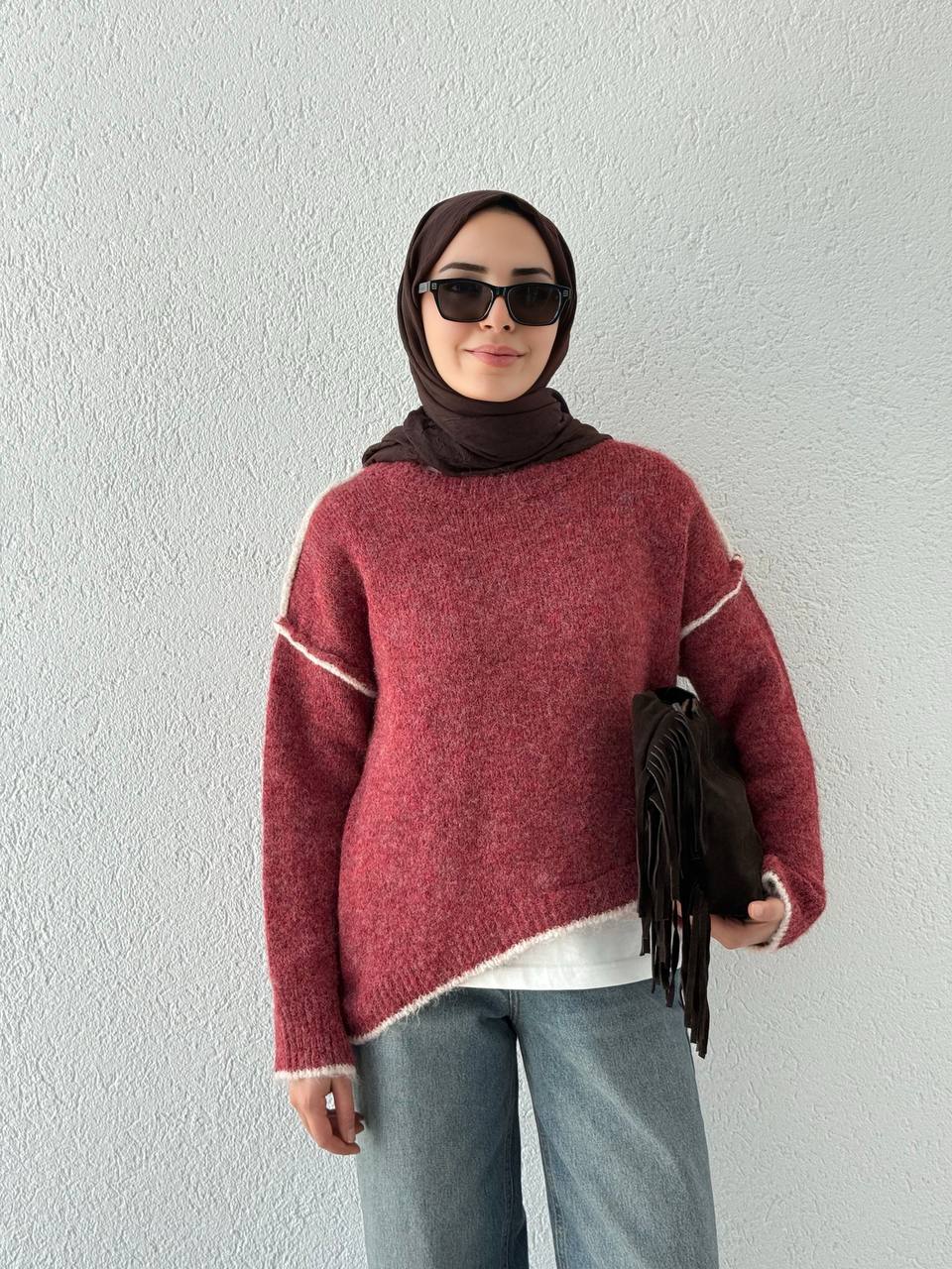 Örgü Biyeli Triko Kazak 7019 - Mercan