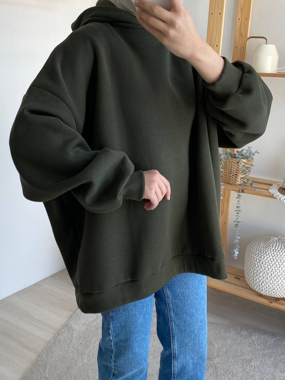 Üç İplik Şardonlu Kapşonlu Oversize Sweat - Haki