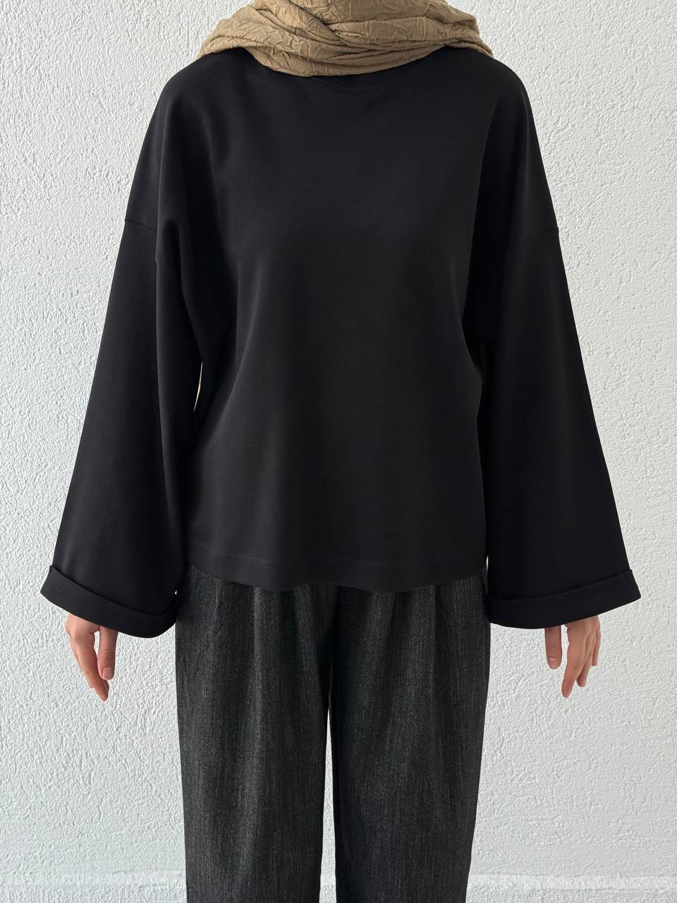 Dik Yaka Oversize Double Kol Sweat  - Siyah