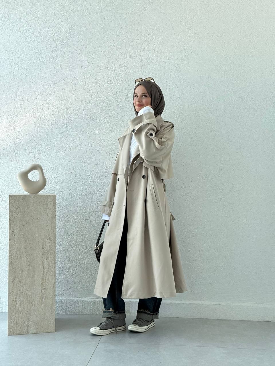 Premium Kalite Oversize Astarlı Kuşaklı Trençkot - Taş