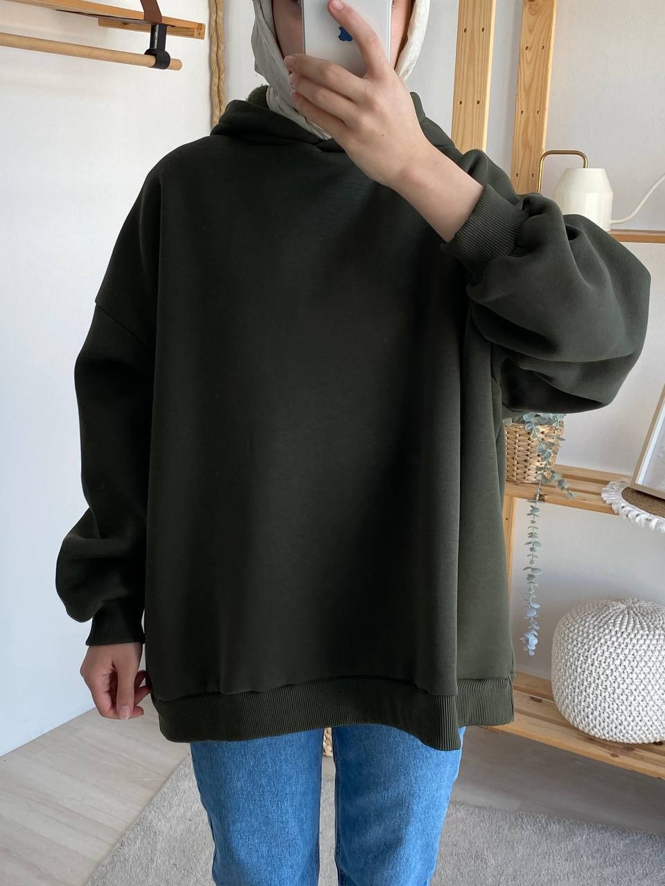 Üç İplik Şardonlu Kapşonlu Oversize Sweat - Haki