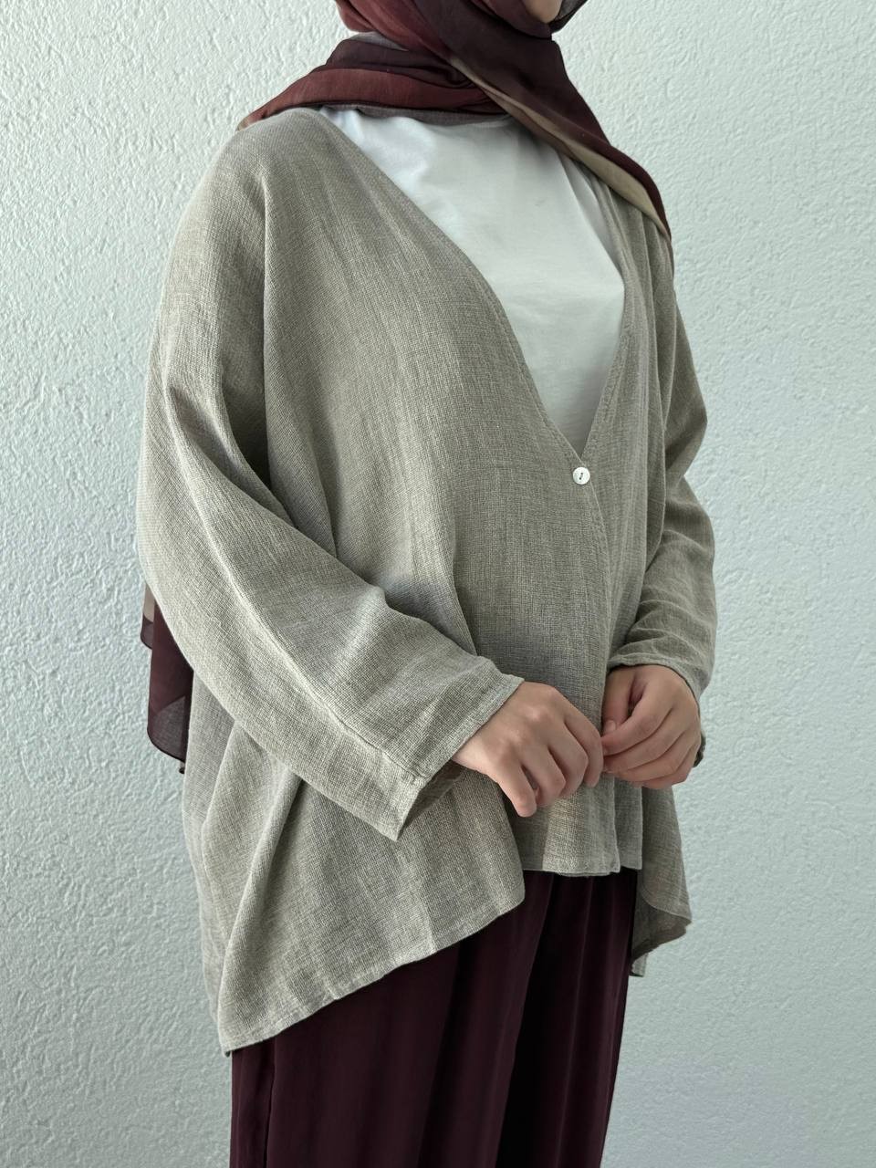Keten Dokulu Tek Düğmeli Hırka - Kimono - Koyu vizon