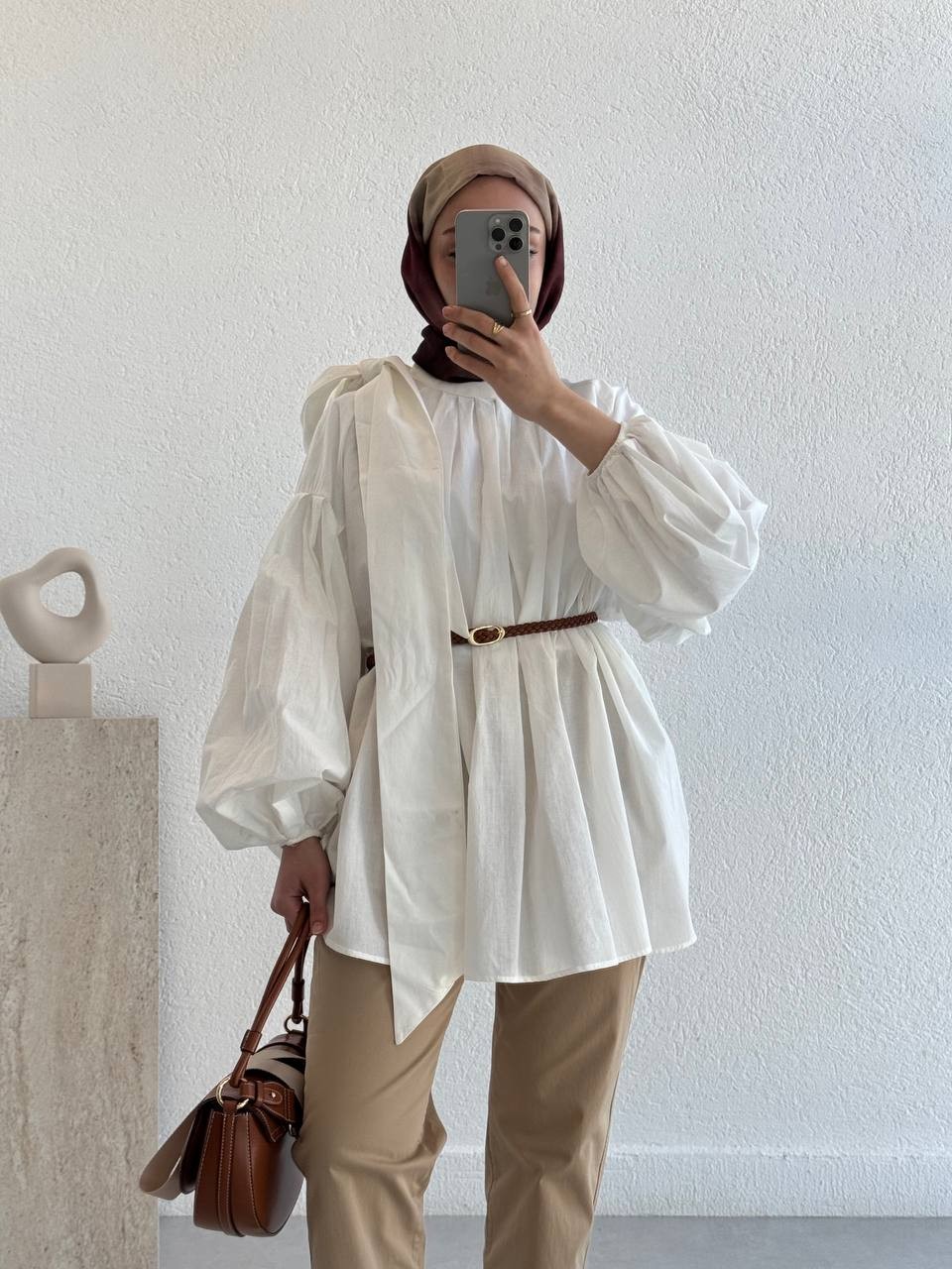 Vual Omuz Detaylı Oversize  Kuşaklı Gömlek 424 - Beyaz