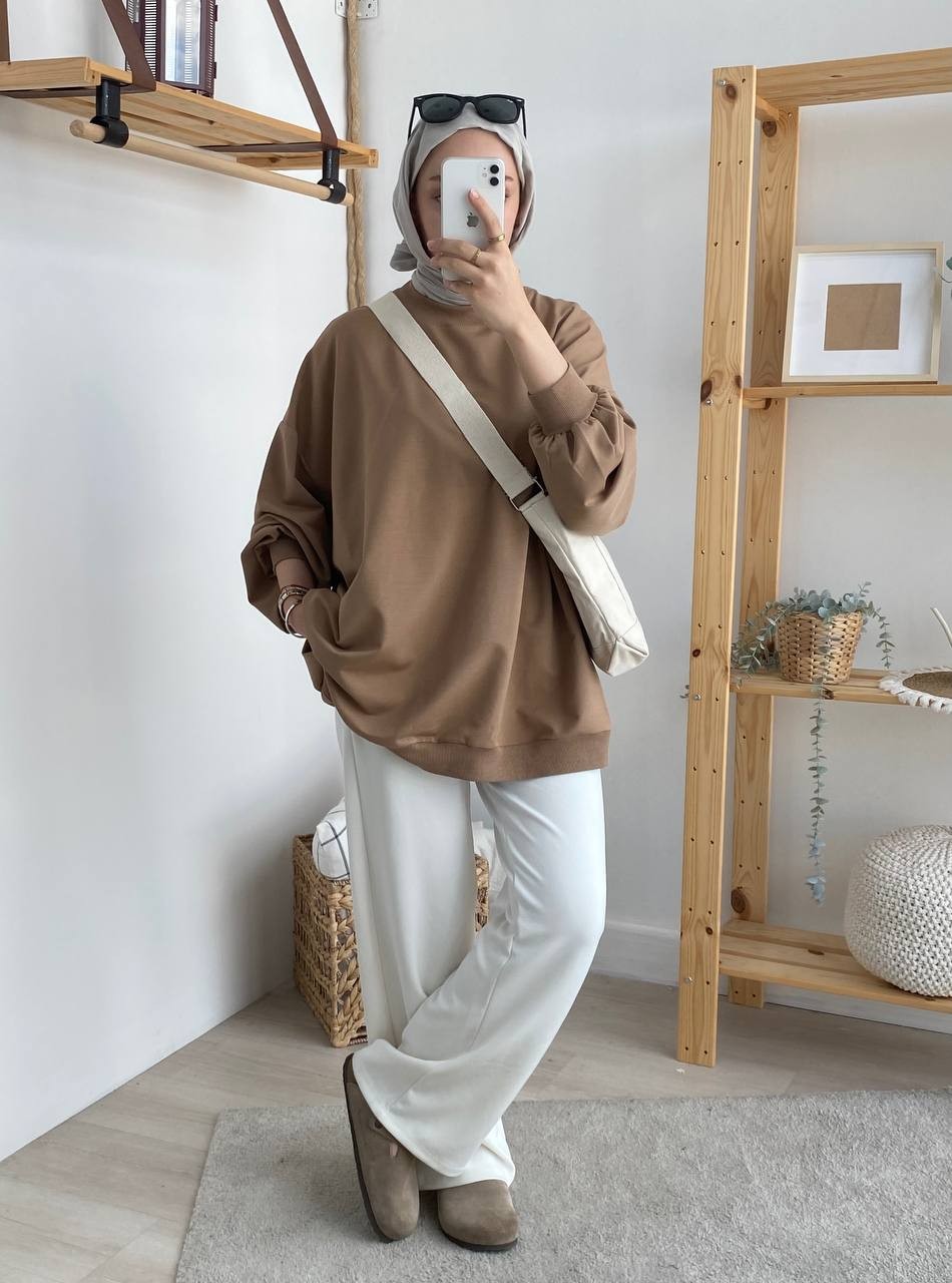 Balon Kol Oversize İki İplik Sweatshirt - Camel