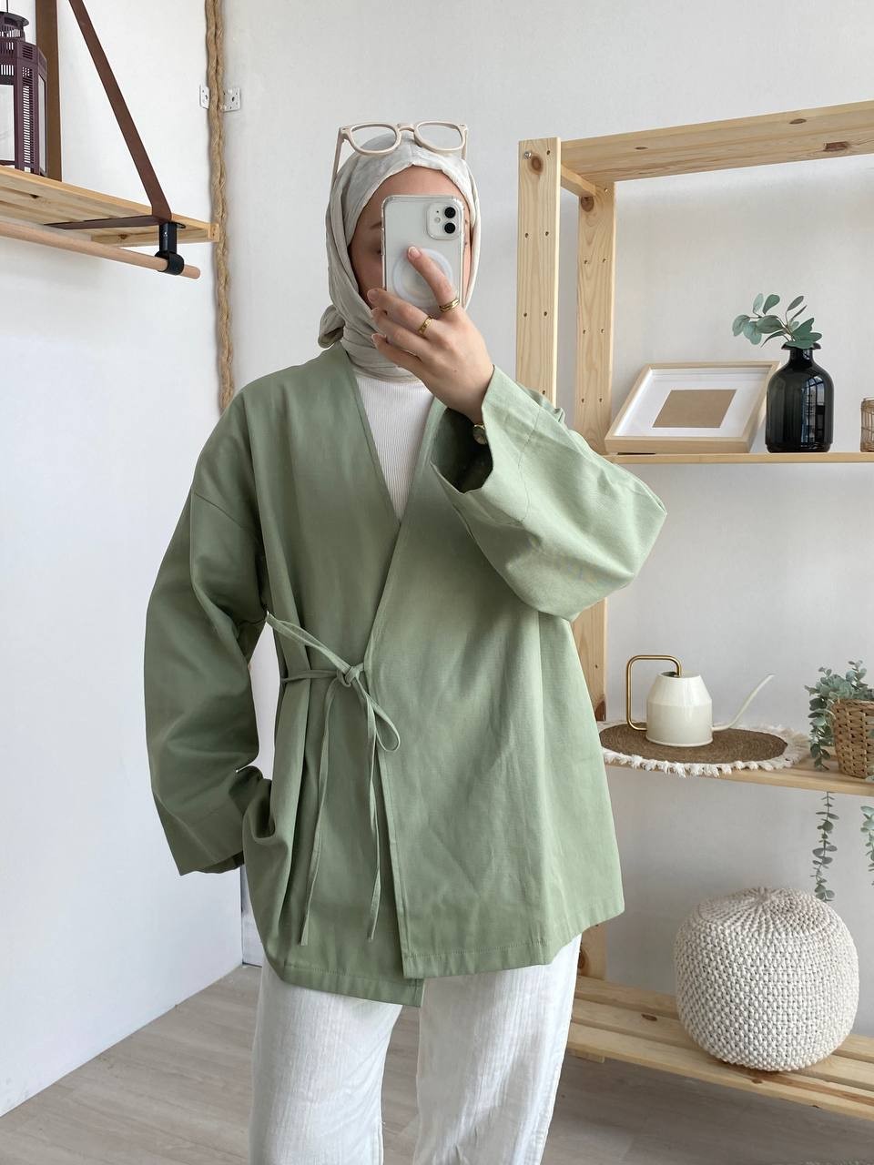 Gabardin Belden Bağlamalı Kimono - Mint