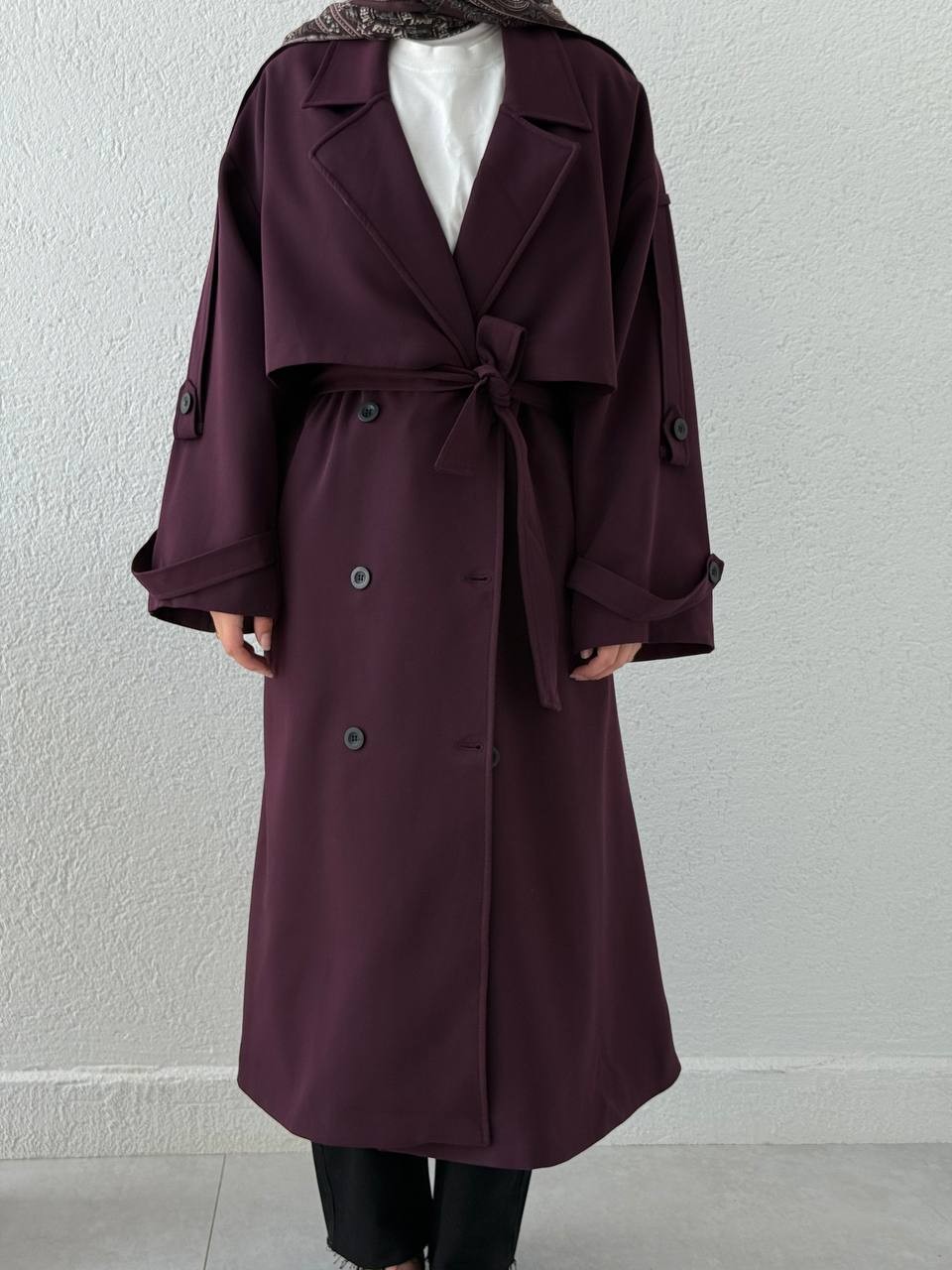 Premium Kalite Oversize Astarlı Kuşaklı Trençkot - Mürdüm