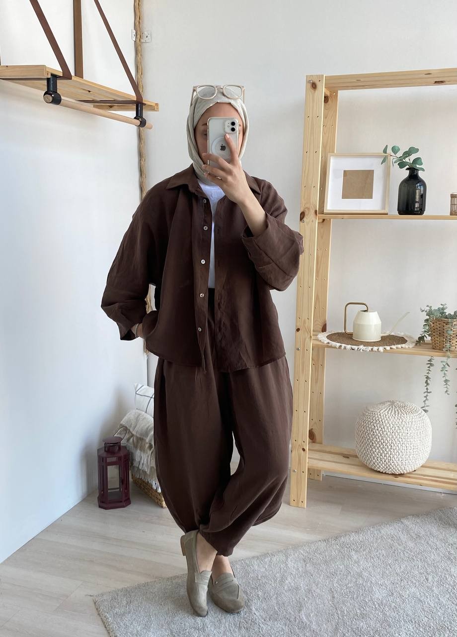 Kol Detaylı Tencel Şalvar Takım 50957 - Kahve
