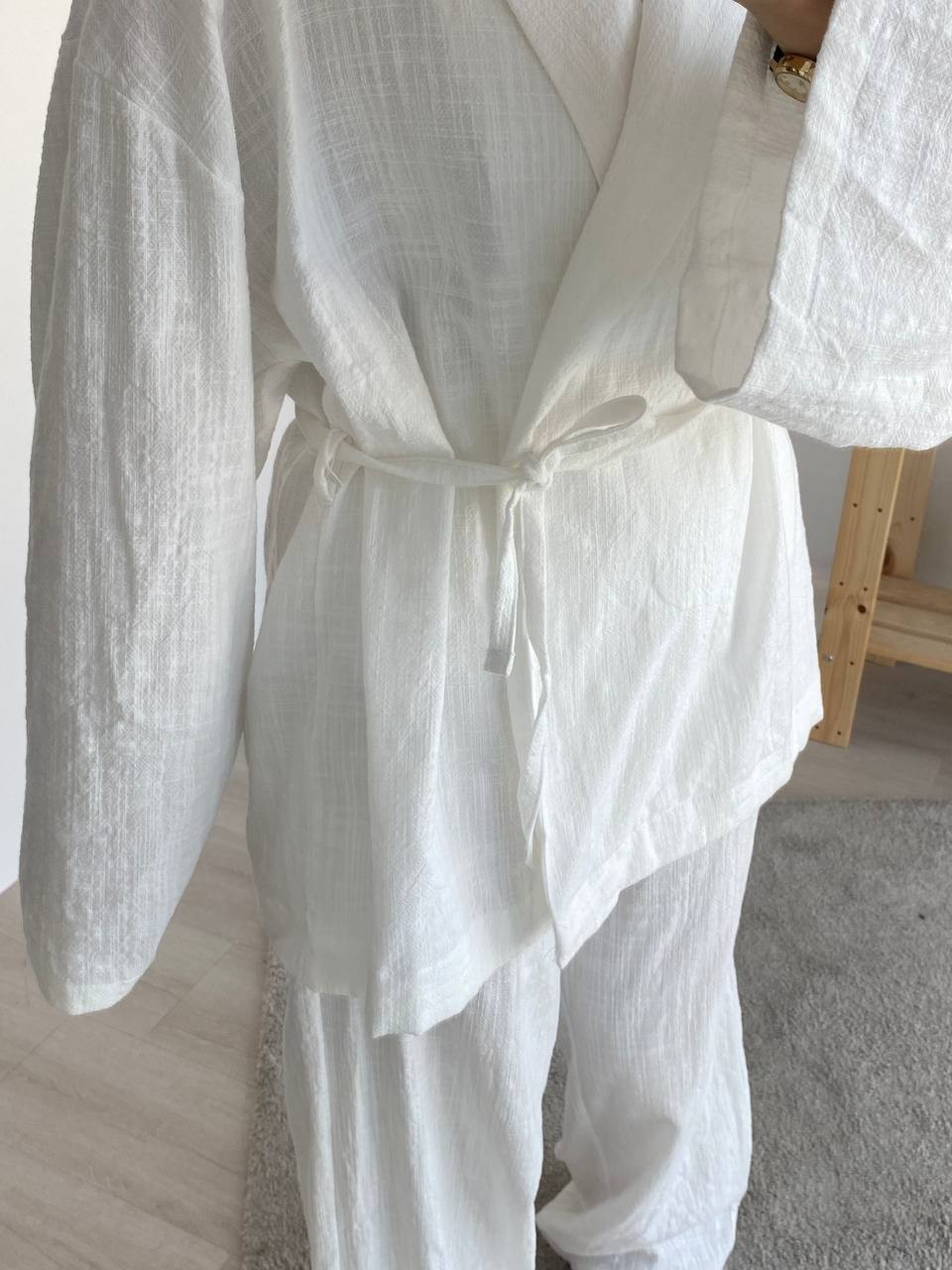Keten Kimono Belden Bağlamalı Takım - Beyaz