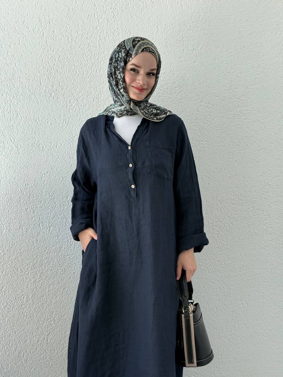 Keten Düğmeli Oversize Cepli Elbise FLR - Lacivert
