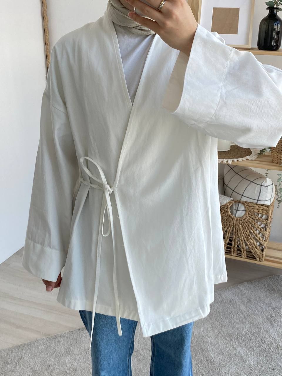 Gabardin Belden Bağlamalı Kimono - Beyaz