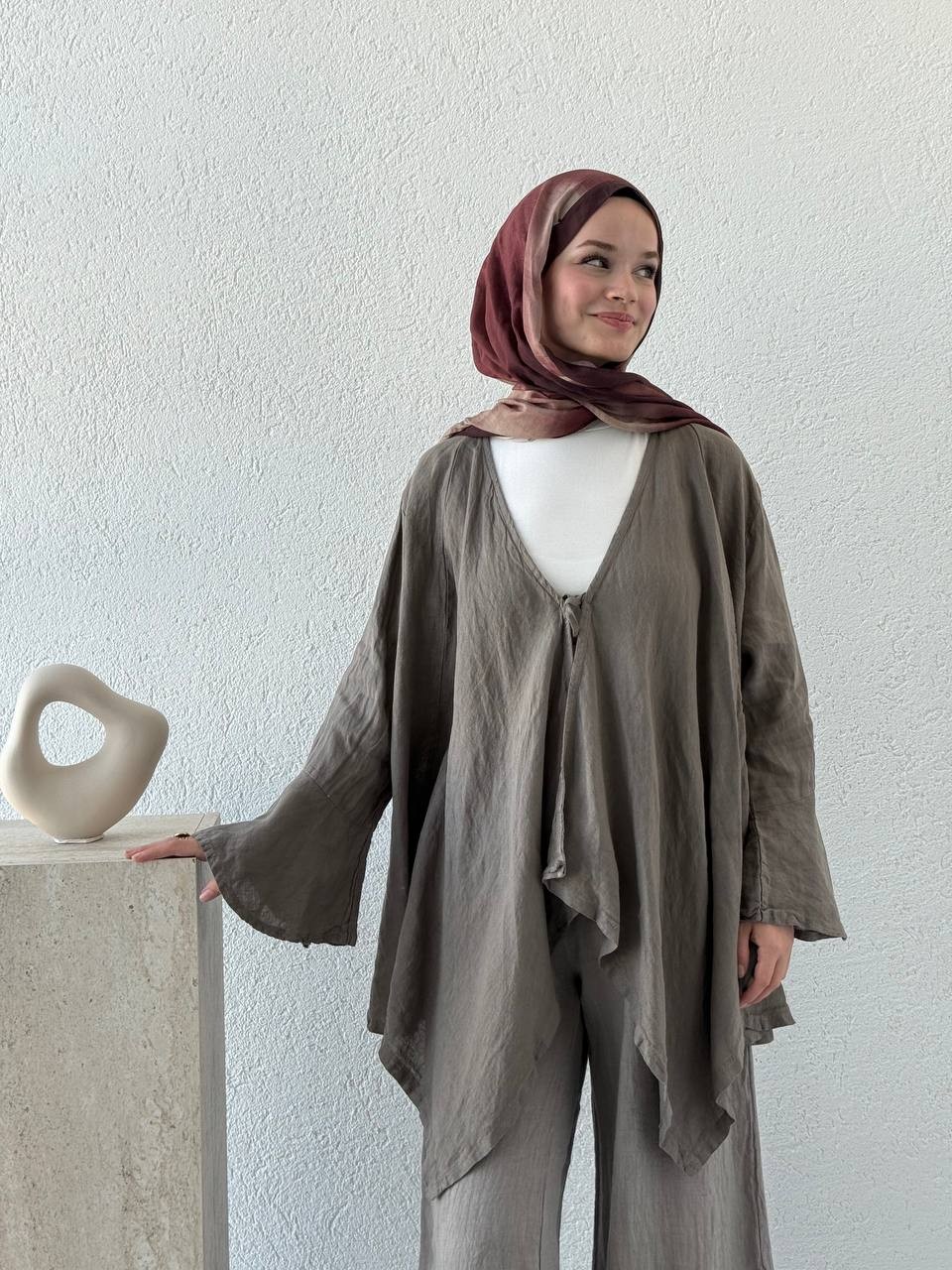 Premium Kalite Keten Önden Bağlamalı Kimono flr - Vizon