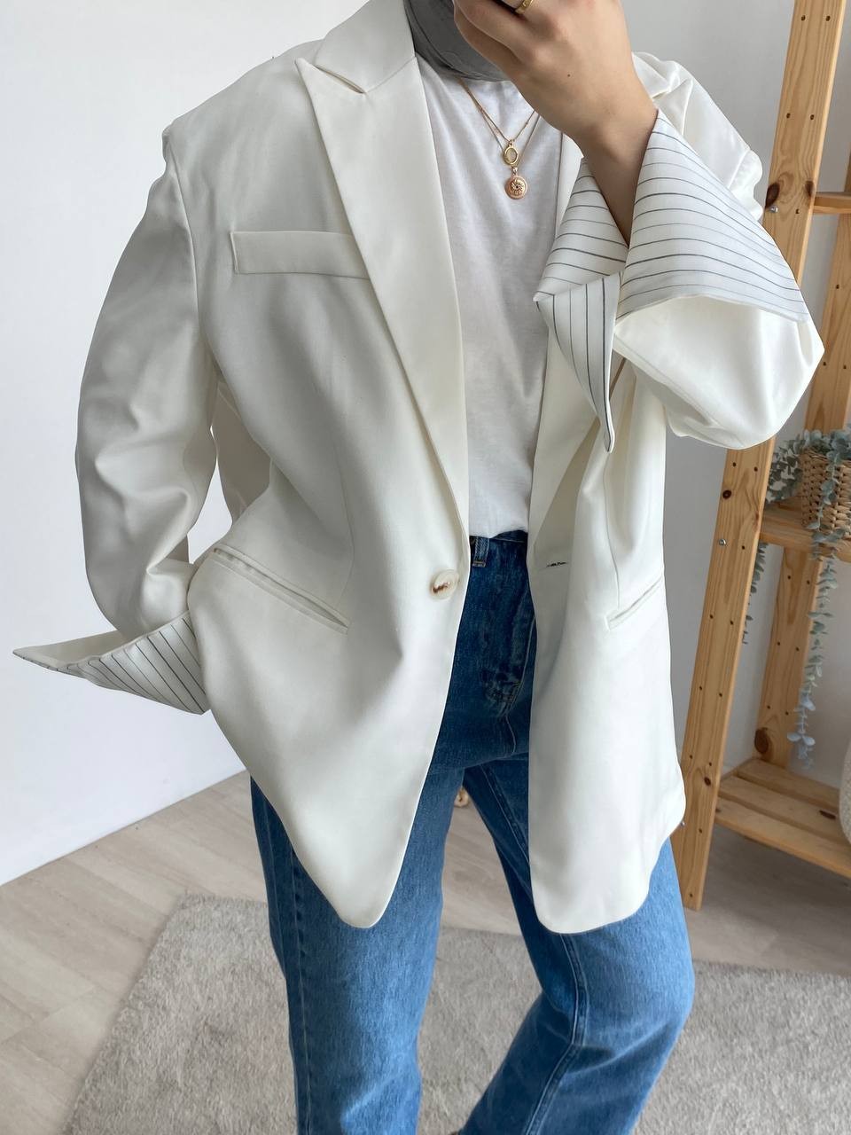 Oversize Kalın Manşet Çizgili Blazer Ceket - Beyaz