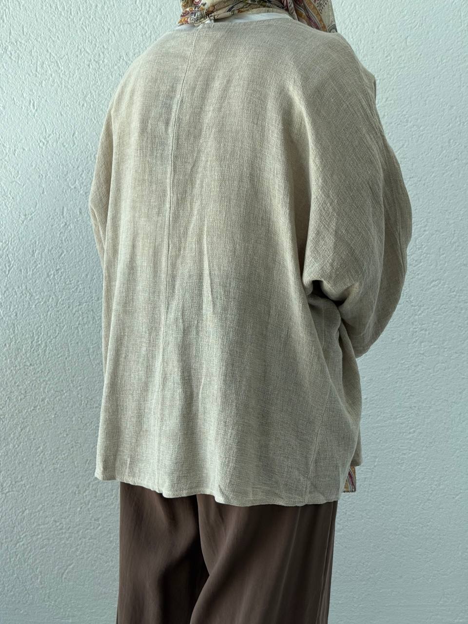 Keten Dokulu Tek Düğmeli Hırka - Kimono - Taş