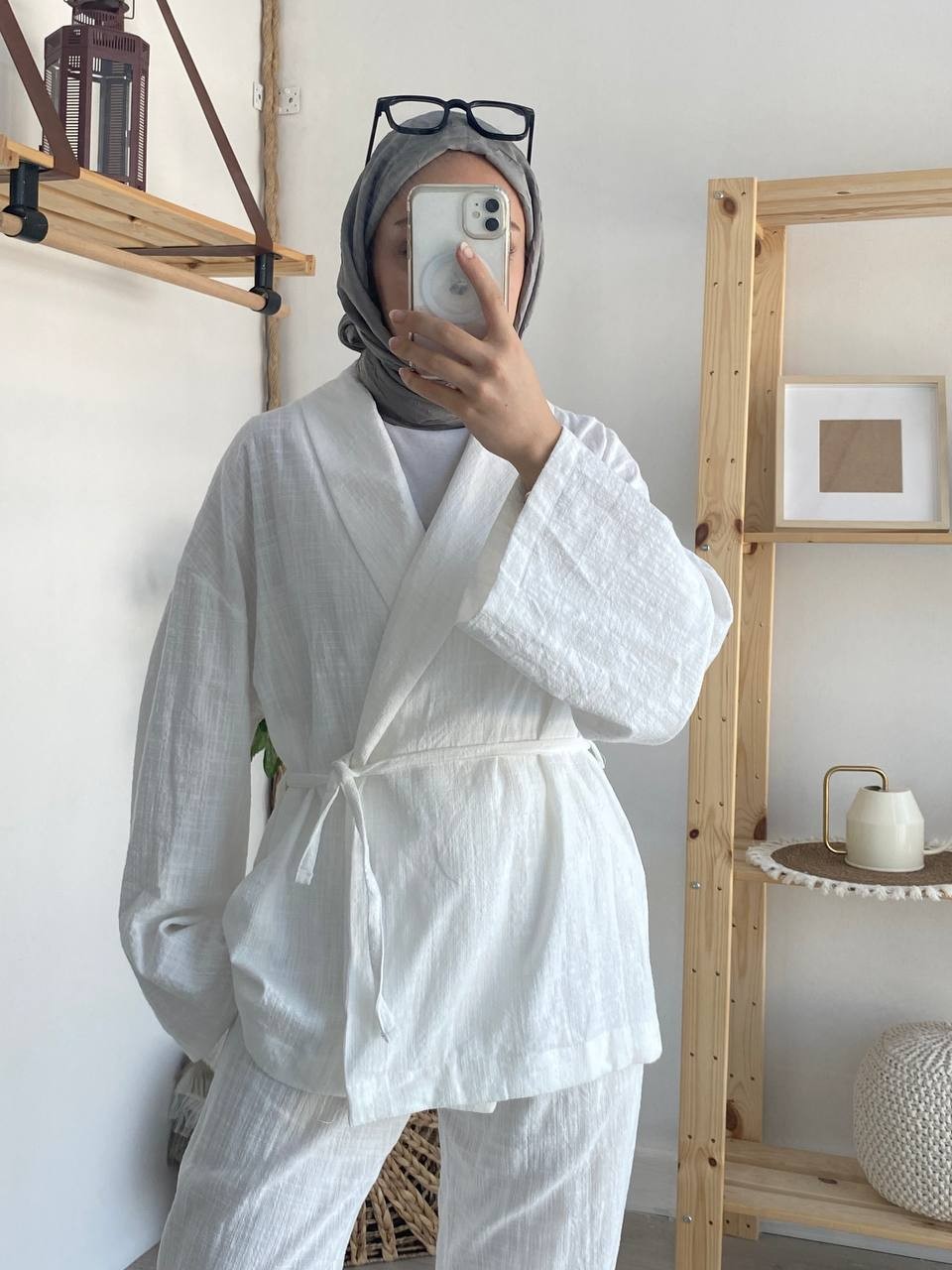 Keten Kimono Belden Bağlamalı Takım - Beyaz