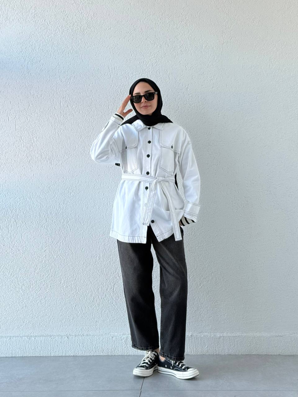 Denim Çift Dikişli Kuşaklı Ceket 7347