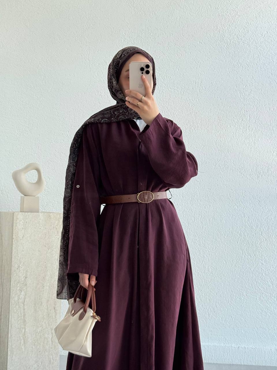 Tencel Önden Düğmeli Kemerli Tunik - Elbise - bordo