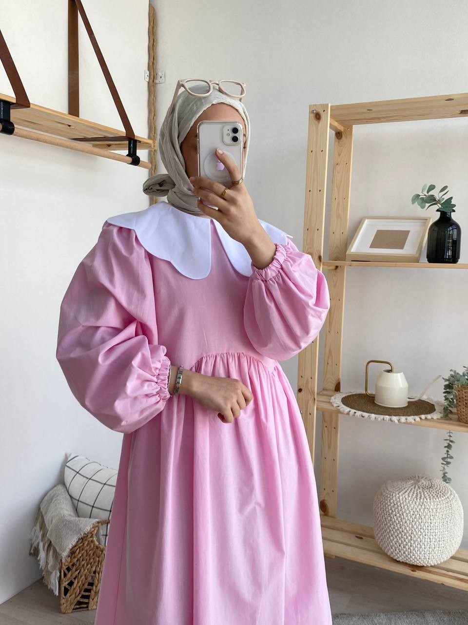 Bebe Yakalı Poplin Elbise - Açık Pembe