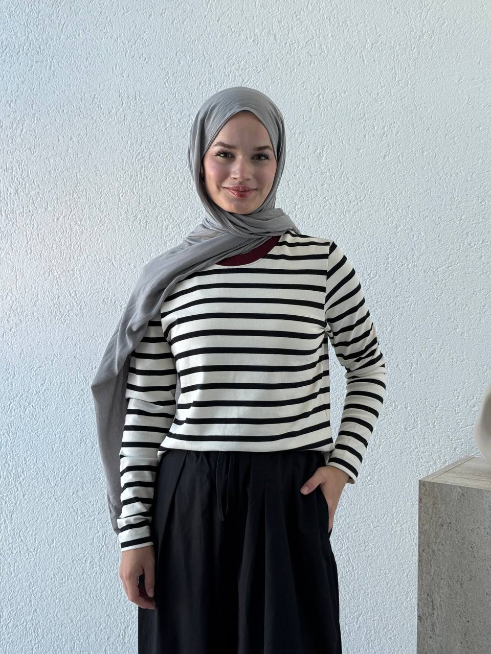Çizgili Uzun Kollu Biyeli Tişört  - bordo