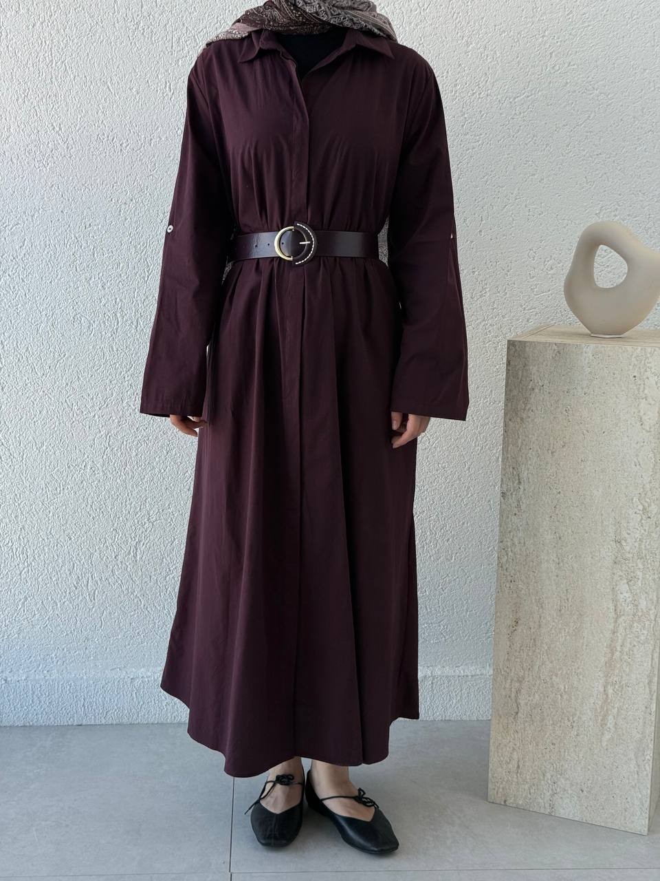 Kemerli Poplin Gömlek Elbise 3350 - bordo