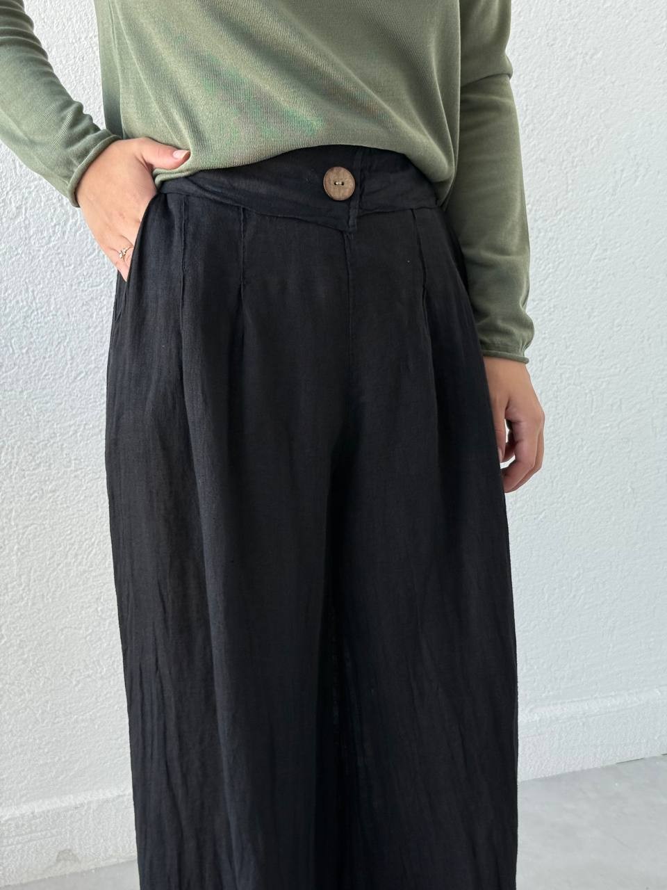 Keten Bol Paça Düğme Detaylı Pantolon flr - Siyah