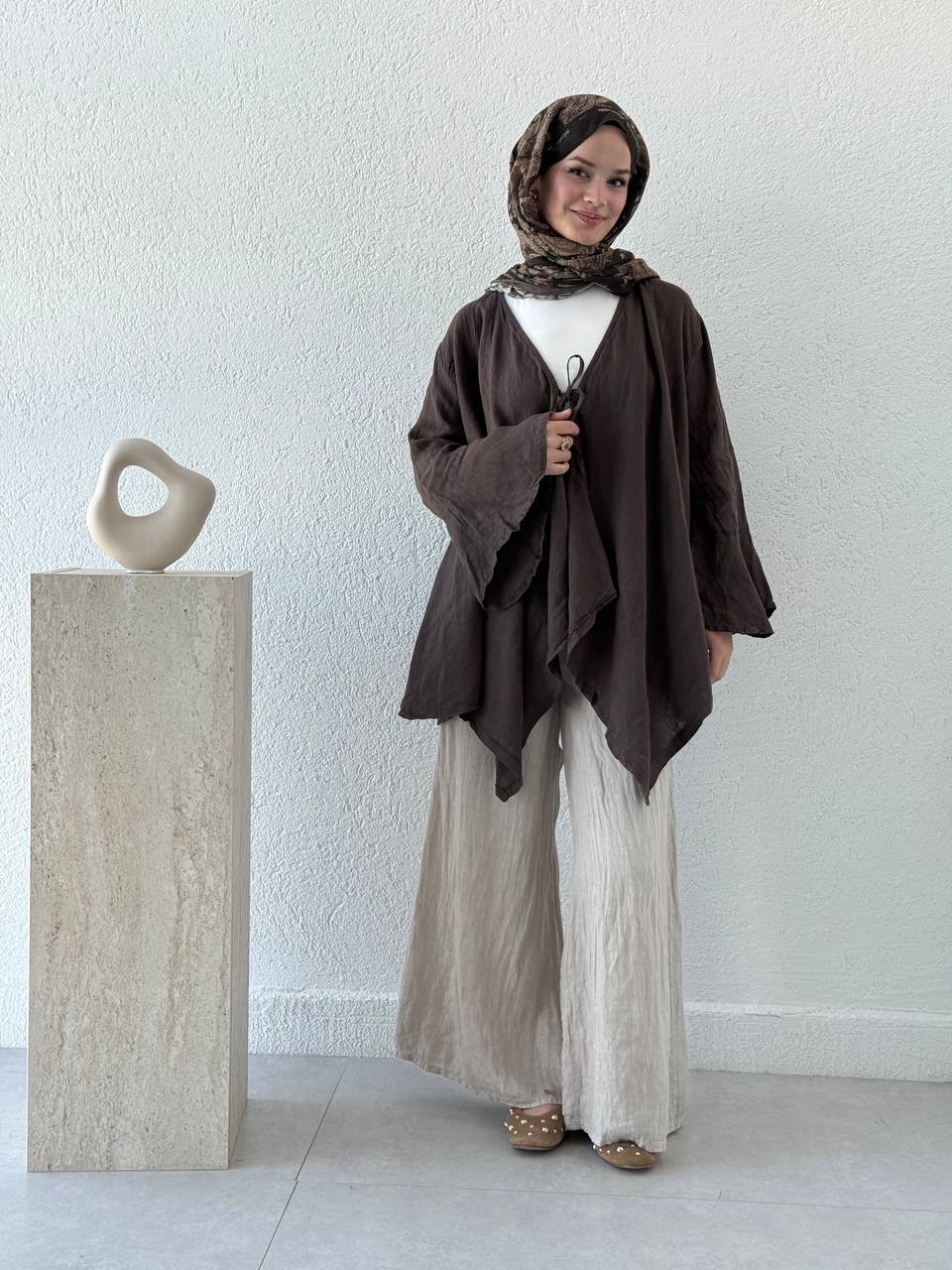 Keten Bol Paça Düğme Detaylı Pantolon flr