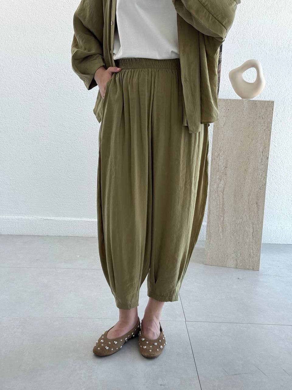 Kol Detaylı Tencel Şalvar Takım 50957 - Yeşil