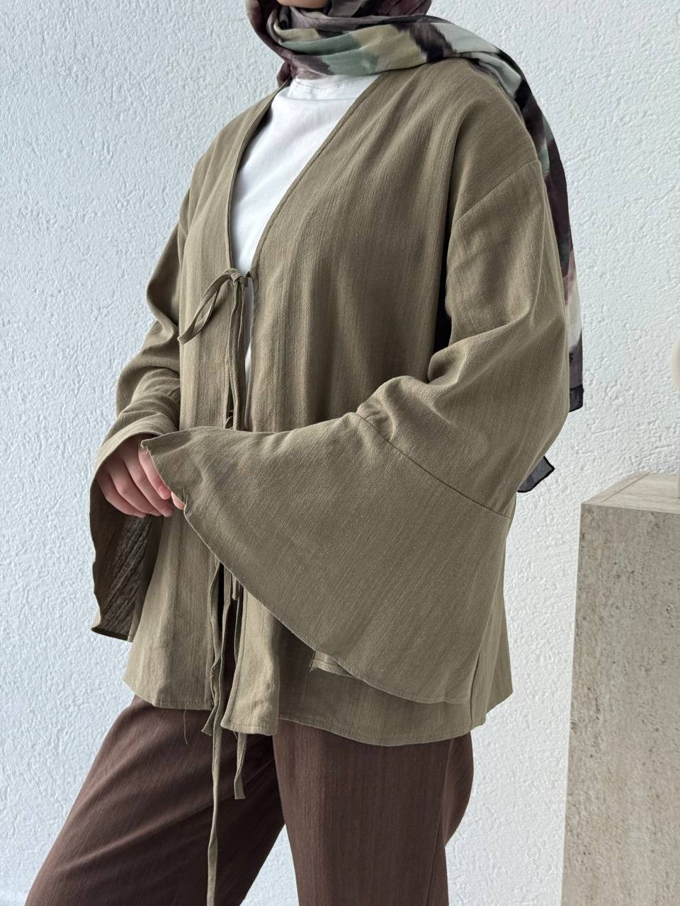 Ham Pamuk Keten Dokulu Kol Volanlı Kimono 5235
