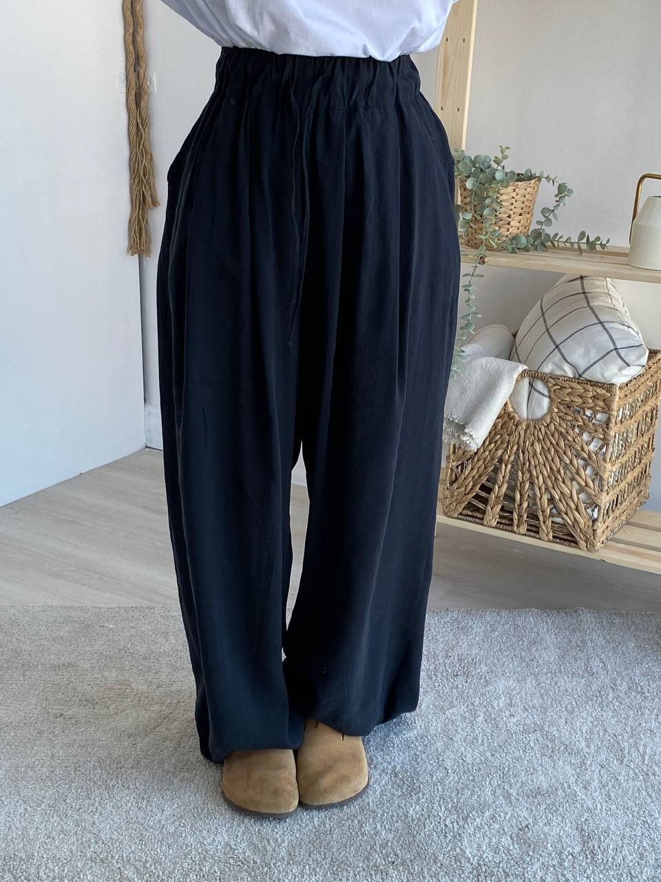 Pileli Bel Lastikli Tencel Bol Pantolon