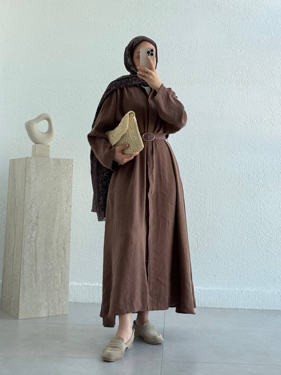 Tencel Önden Düğmeli Kemerli Tunik - Elbise - Kahve