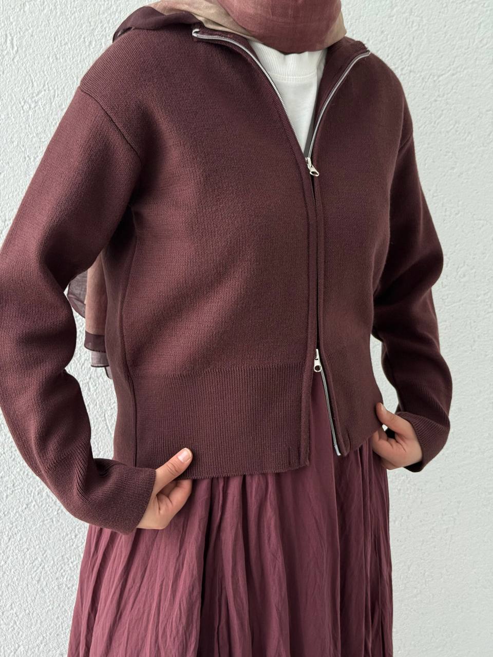 Çift Fermuarlı Kısa Hırka 251042 - Kahve