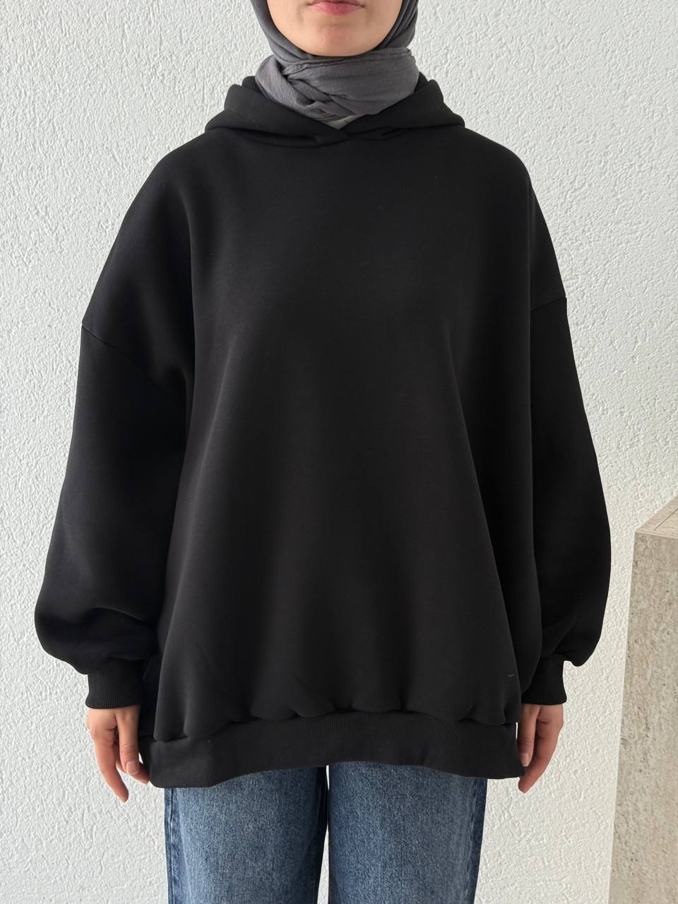 Üç İplik Şardonlu Kapşonlu Oversize Sweat - Siyah