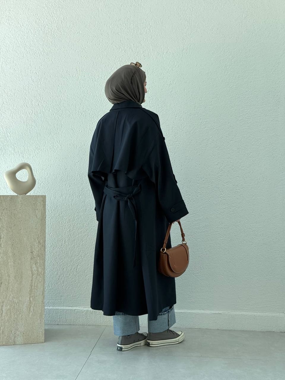 Premium Kalite Oversize Astarlı Kuşaklı Trençkot - Lacivert