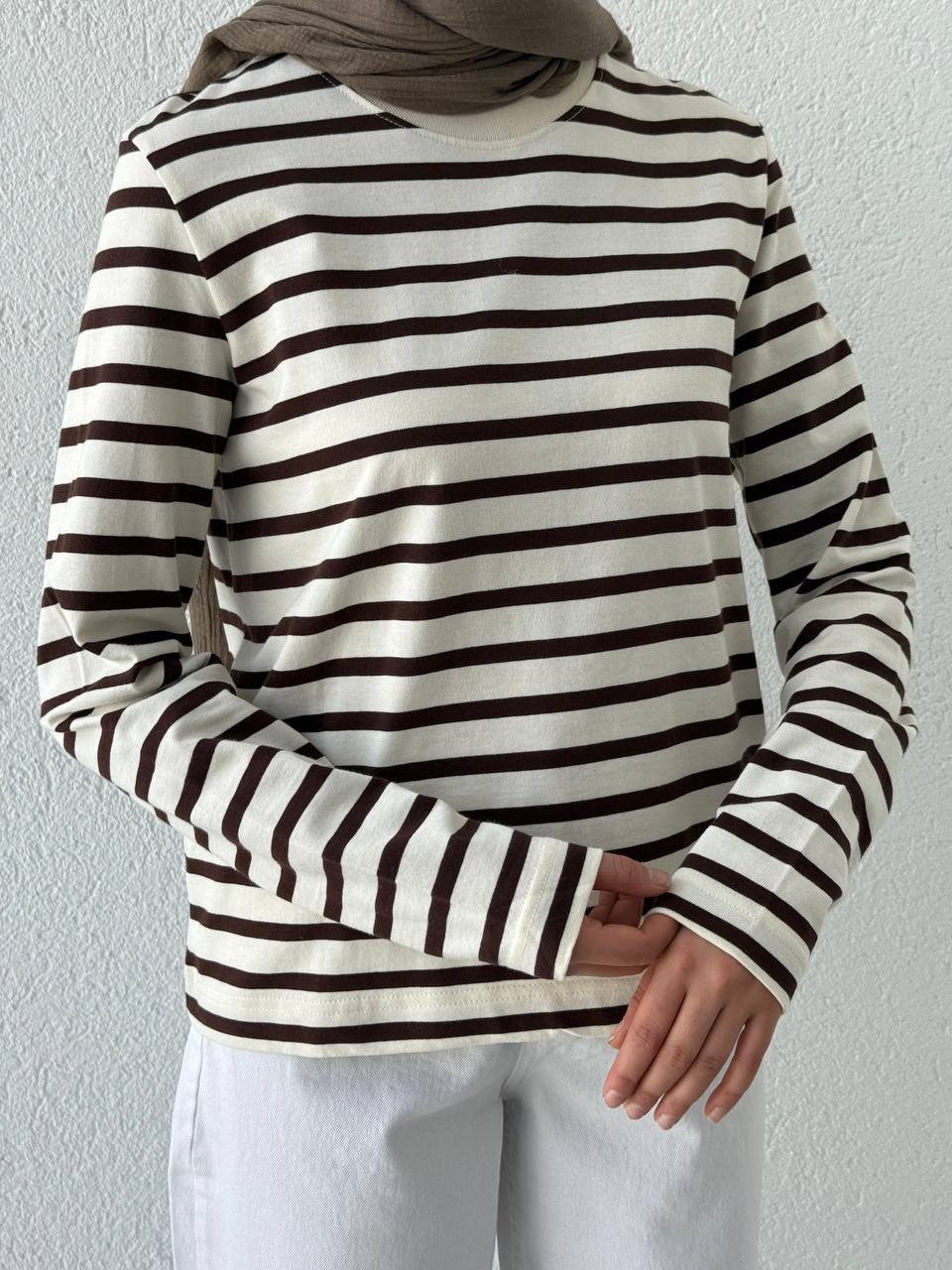 Çizgili Uzun Kollu Biyeli Tişört  - Kahve