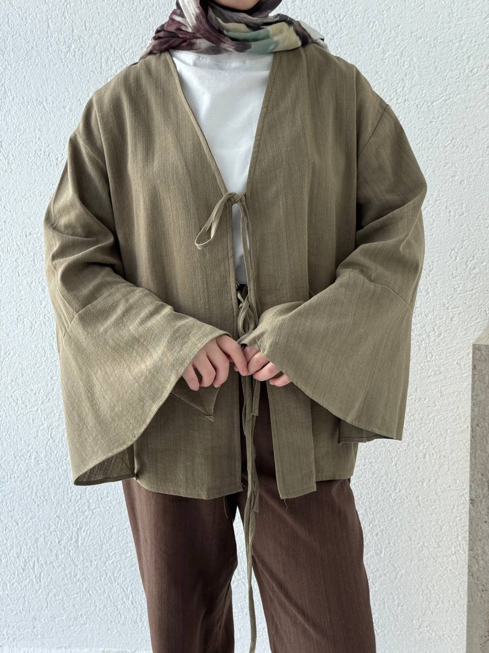 Ham Pamuk Keten Dokulu Kol Volanlı Kimono 5235