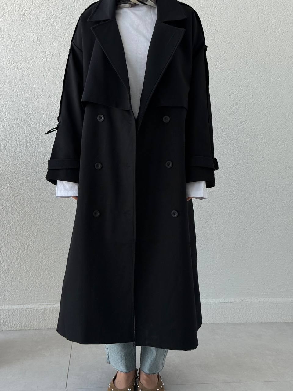 Premium Kalite Oversize Astarlı Kuşaklı Trençkot - Siyah