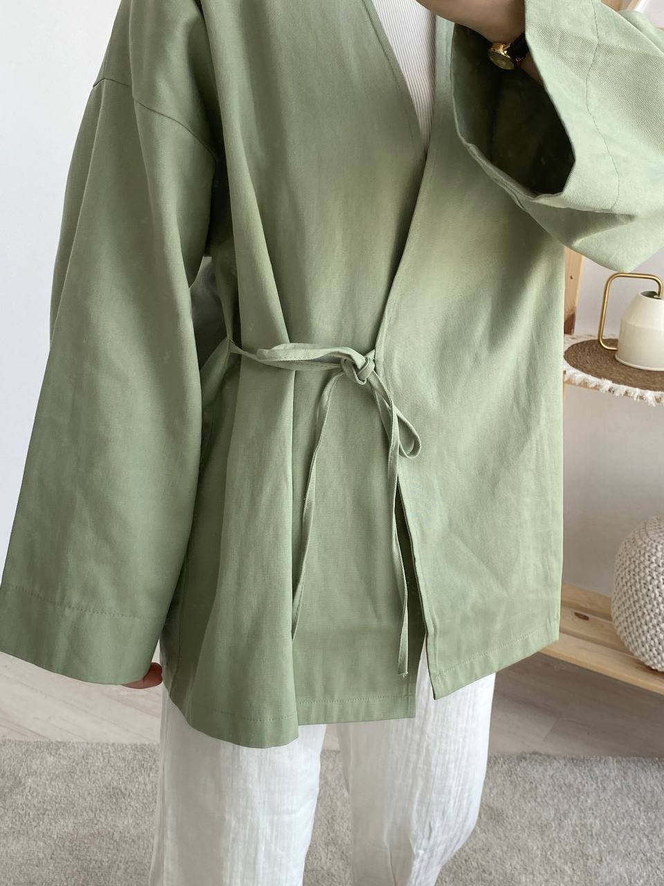 Gabardin Belden Bağlamalı Kimono - Mint