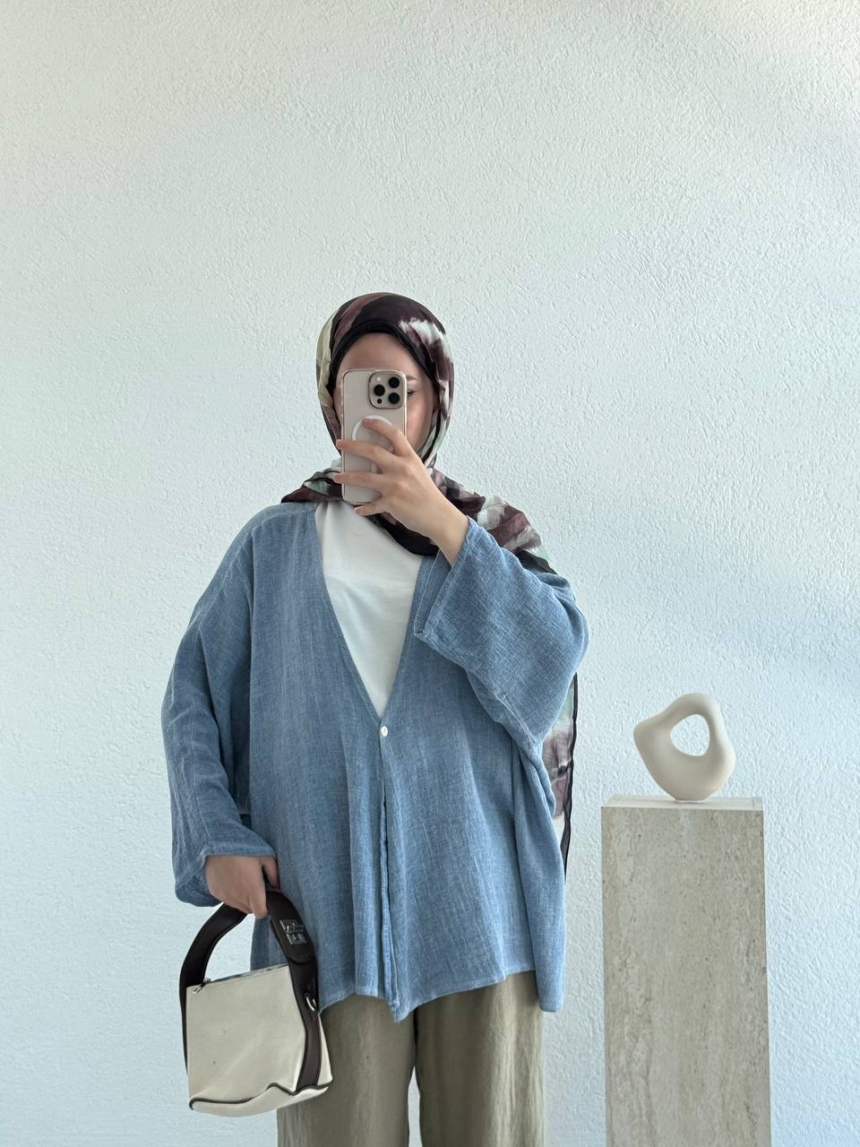 Keten Dokulu Tek Düğmeli Hırka - Kimono - Mavi