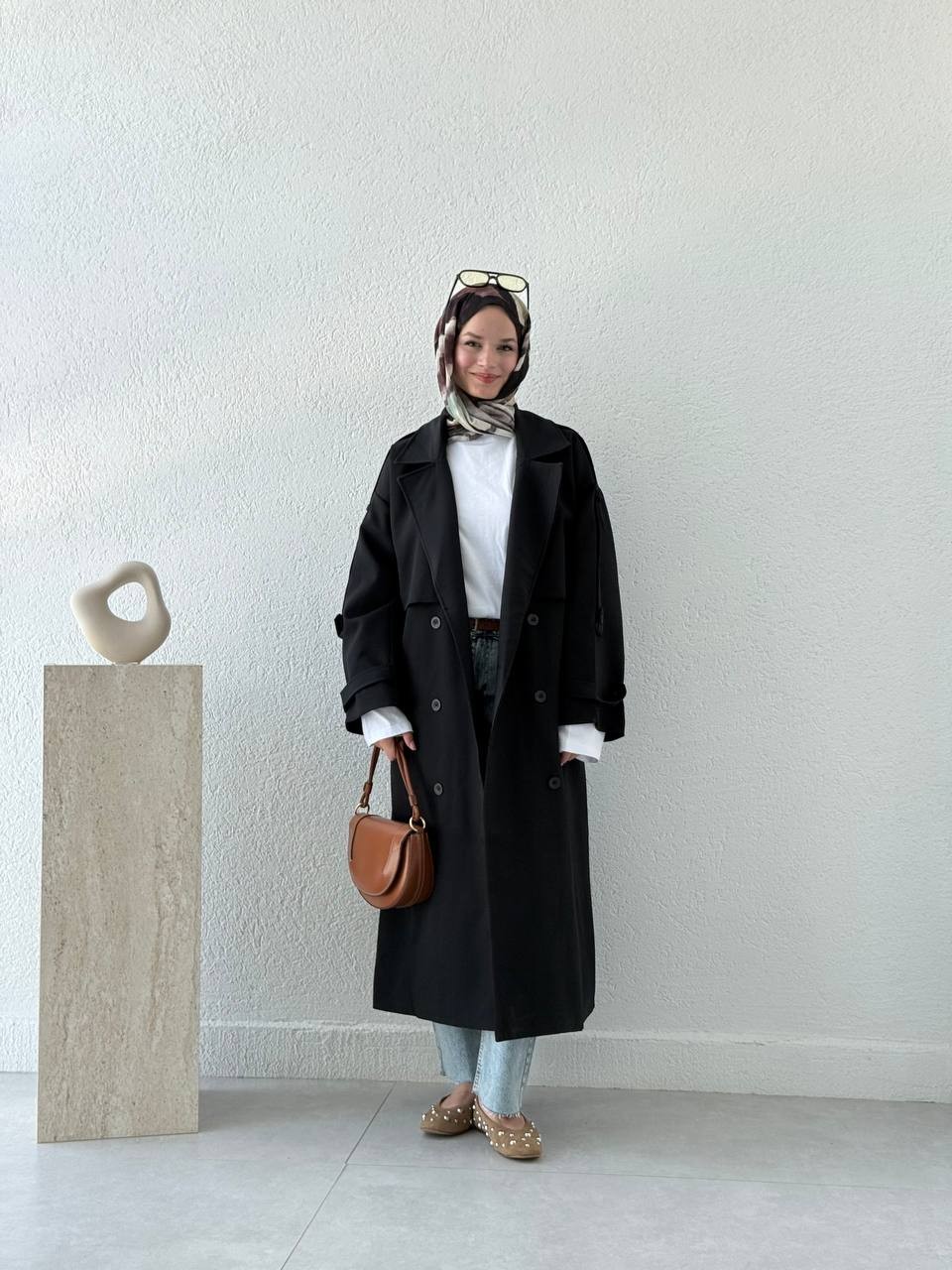 Premium Kalite Oversize Astarlı Kuşaklı Trençkot - Siyah