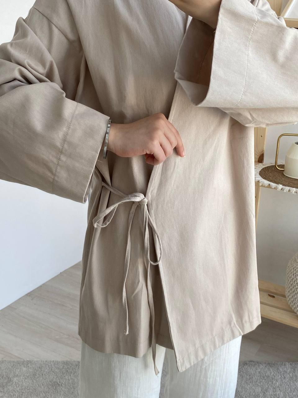 Gabardin Belden Bağlamalı Kimono - Bej