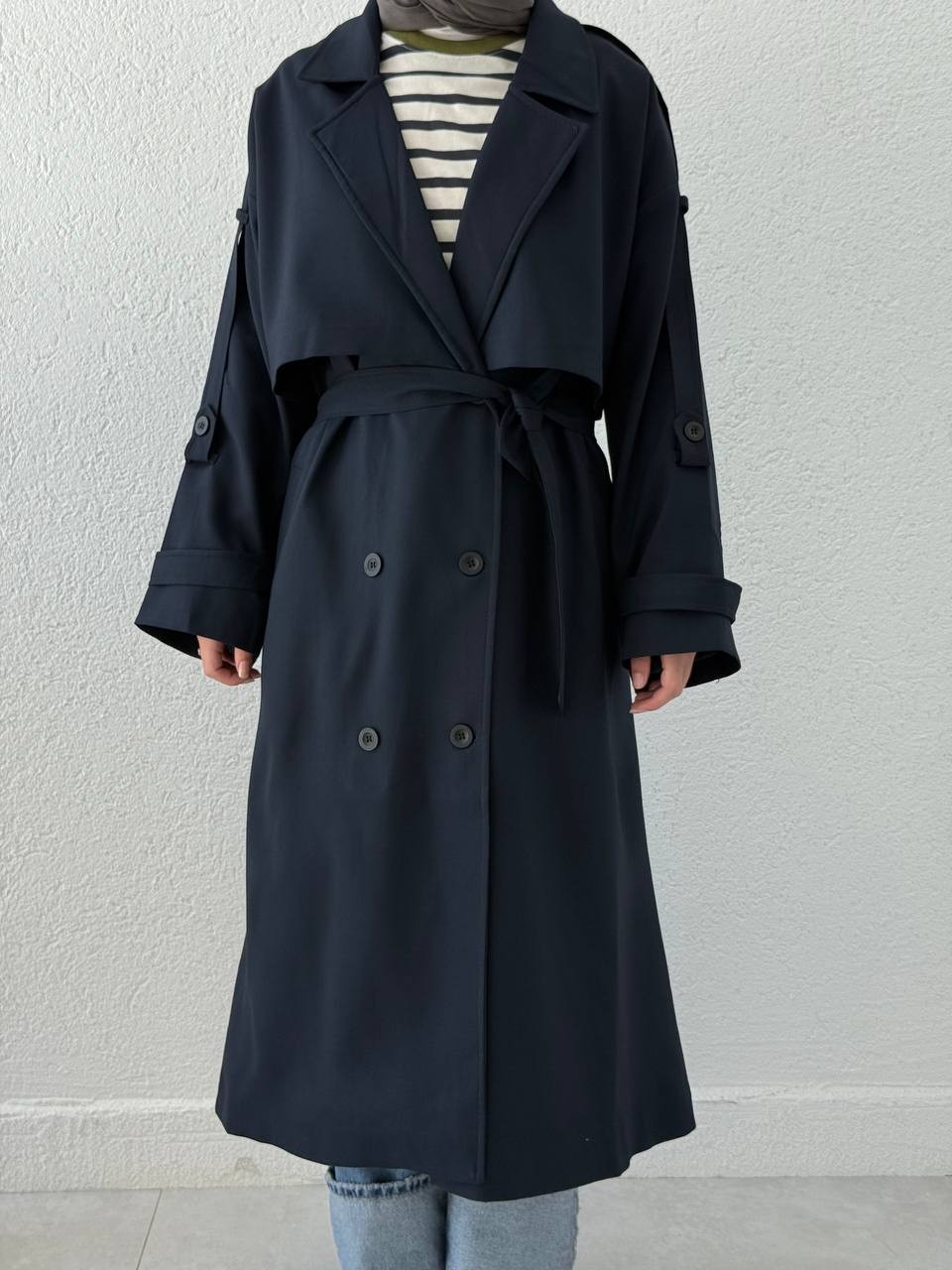 Premium Kalite Oversize Astarlı Kuşaklı Trençkot - Lacivert